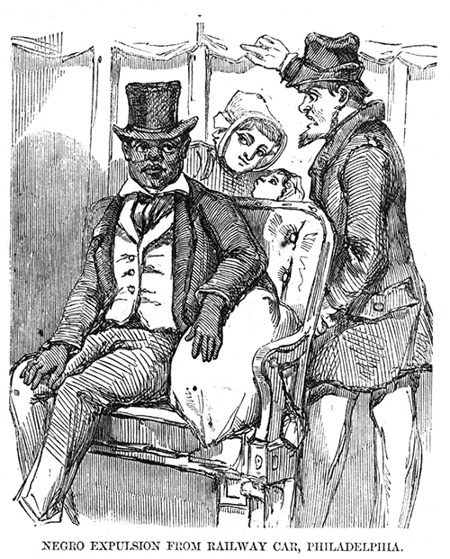 "Negro Expulsion From Railway Car" - Philadelphia Editoral Cartoon, 1856
