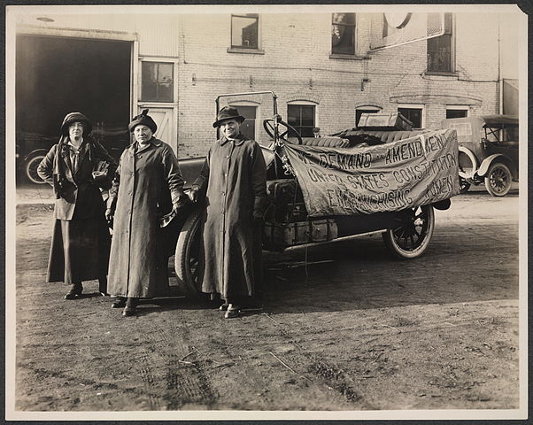 [Suffrage envoy Sara Bard Field (left) and her driver, Maria Kindberg (center), and machinist Ingeborg Kindstedt (right) during their cross-country journey to present suffrage petitions to Congress, September-December 1915.]