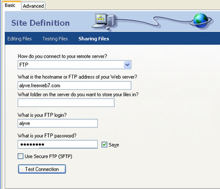 Figure 6-1d: FTP settings in Site Definition dialog box