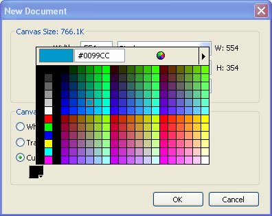 Custom color box and palette in the New Document dialog box