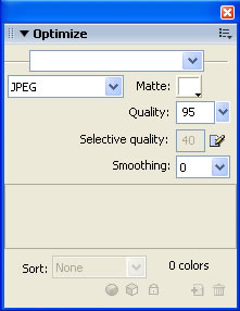 Optimization settings for the JPEG format