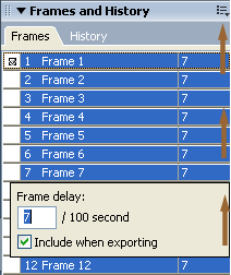 Frames panel Options menu and Frame Delay window