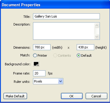 Document Properties window configured for 800 x 600 display